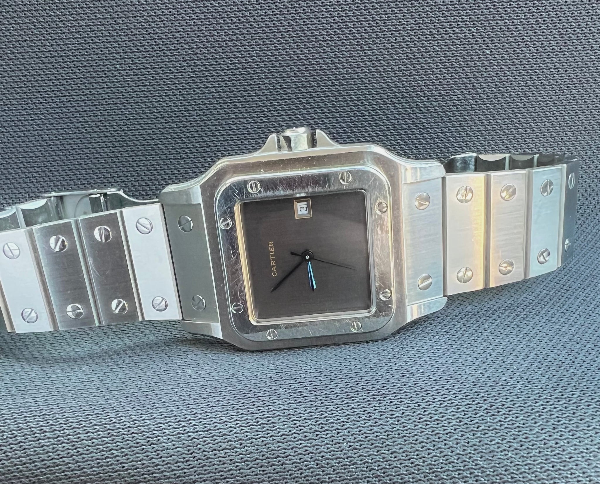 Rare Cartier Santos Carr e Slate grey dial. Unpolished and